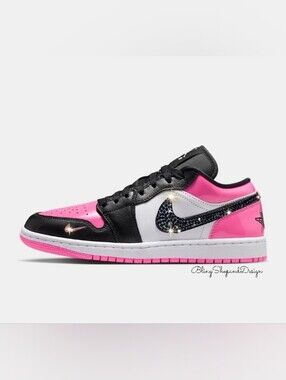Air Jordan 1 Low Women's Shoes Customized With Swarovski Crystals Pink Black